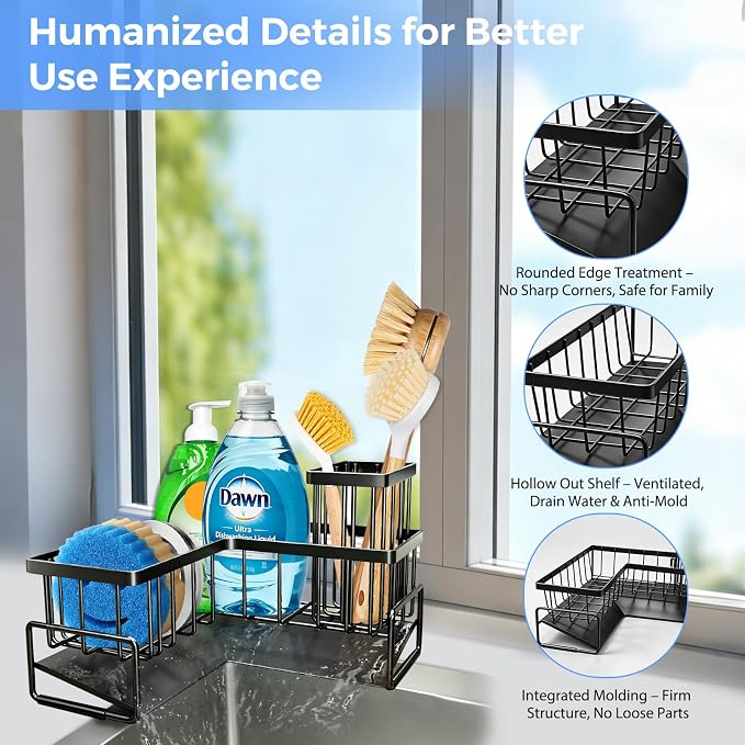 L-Shaped Kitchen Sink Caddy Organizer, Large Sponge Holder for Kitchen Sink, 90 Degree Corner Sink Storage Rack with Dish Brush & Soap Holder for Countertop Kitchen Storage