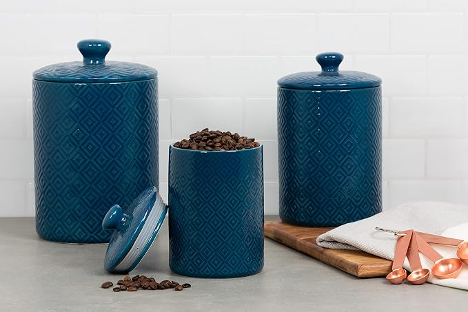 10 Strawberry Street Diamond Embossed Ceramic Kitchen Canister Set, Set of 3, Diamond Blue