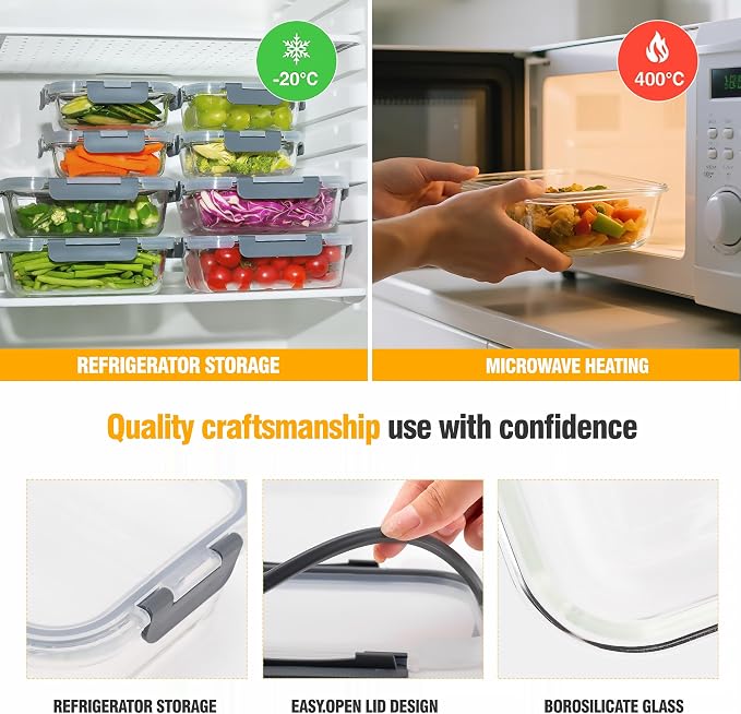 WWWYH.DSS 5 PACK 36 oz Glass Storage Containers with Lids, Grey | Glass Food Storage Container Set with Snap Airtight Lids, Microwave Oven Freezer Dishwasher Safe, BPA-Free