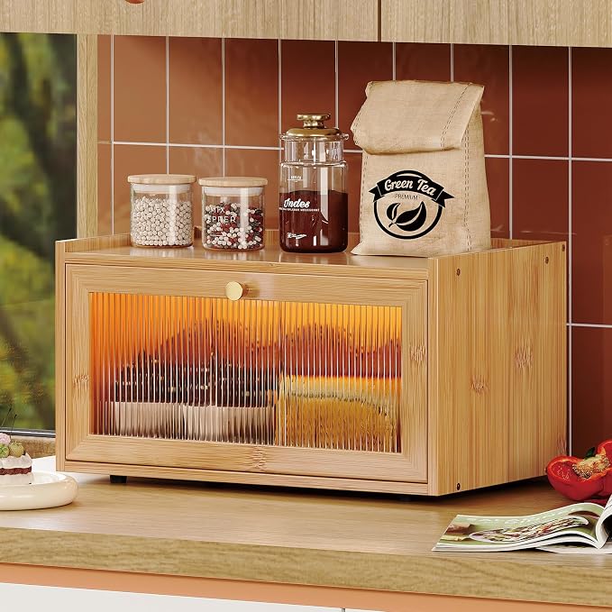 Trironsun Bamboo Bread Box with Led Light for Kitchen Counter Large Capacity Bread Storage Container Kitchen Countertop Organizer with Window Bread Holder (Natural Bamboo)