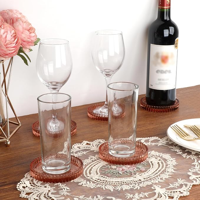 Modern Clear Coaster Set of 5- Glass Coasters for Drinks, Clear Red | Crystal Coasters Round Cup Mat Coffee Table Decor for Office, Kitchen, Bar, Dining Room, Living Room, Patio