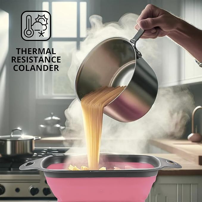 Pink Silicone Food Colander Kitchen – Small Collapsible Strainer with Handle Collapsable Strainer Kitchen Foldable Colander for Pasta Spaghetti Fruit Vegetable