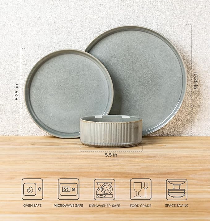 Ceramic Dinnerware Set for 6, 18-Piece Plates and Bowls Set | Lightweight Porcelain Dish Set, Scratch Resistant, Oven & Microwave & Dishwasher Safe, Desert Sage