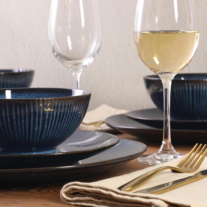 Gibson Elite Midnight Lune Plates and Bowls Sets, 12-Piece Stoneware Dinnerware Sets, Reactive Glaze Dish Set - Blue