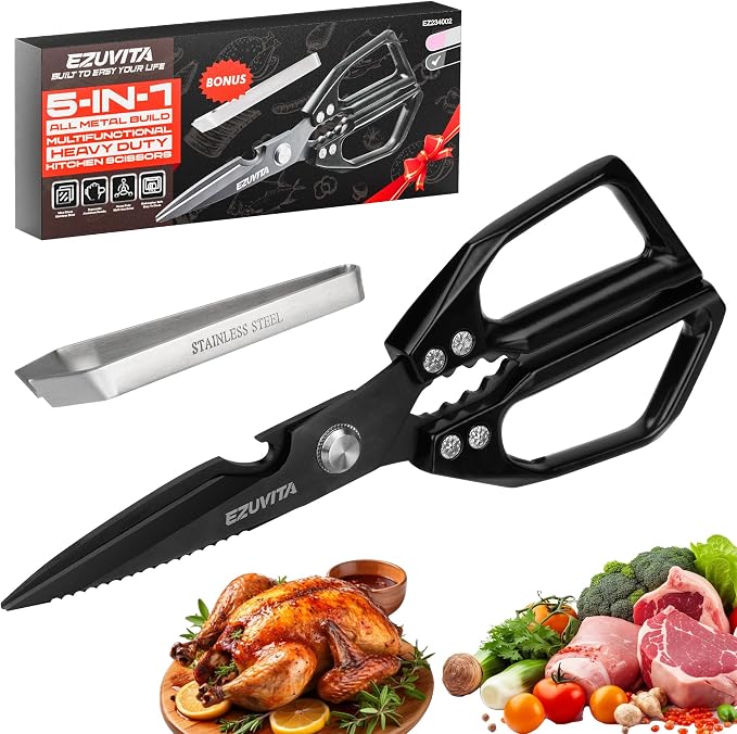 5-in-1 Kitchen Scissors with Tweezers, Black | Titanium Coated Blades, Aluminum Alloy Handle, Fish Scaling Edge, Bottle Opener, Nutcracker, Poultry Tweezers,Dishwasher Safe