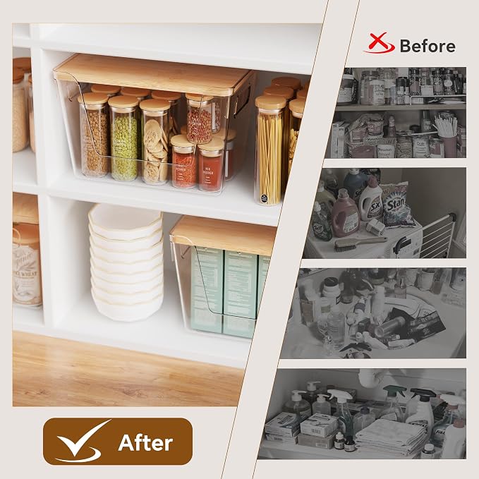 4 Set Pantry Organizers and Storage with Bamboo Lids, Stackable Clear Bins for Onion, Potato, Fruit, Vegetables, Trash Bag Dispenser, Kitchen and Under Sink Organizer