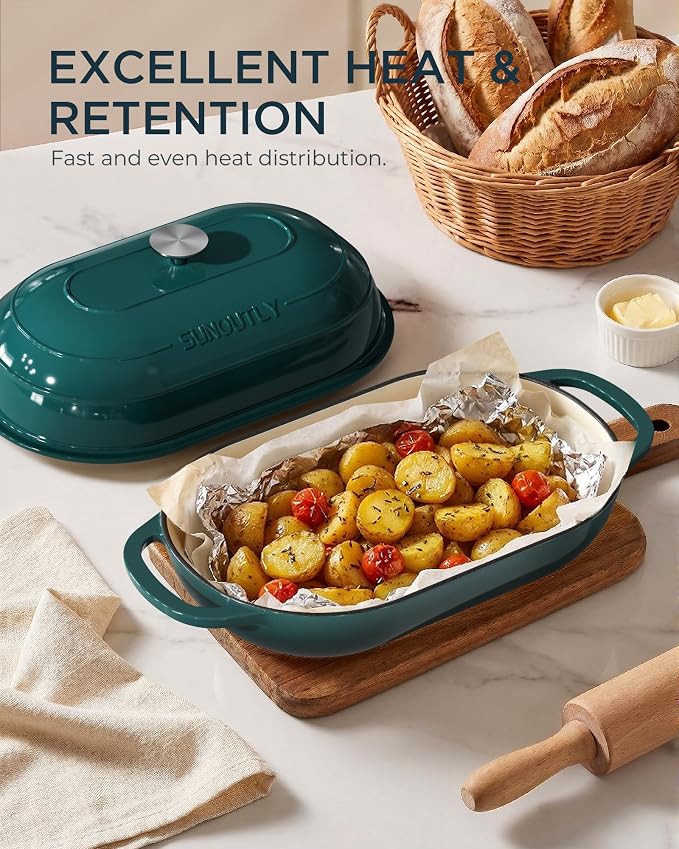 Enameled Cast Iron Bread Oven, 5QT Cast Iron Dutch Oven for Homemade Sourdough Bread Baking, Oval Bread Pot with Dome Lid & Cotton Potholders, Bottle Green
