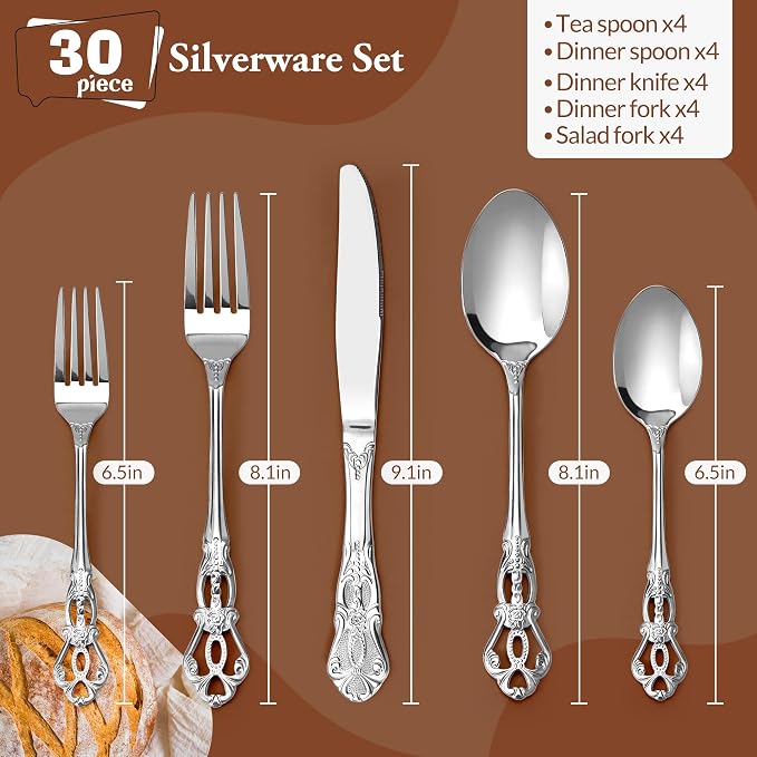 Silverware Set, 30 Pieces Retro Royal Silverware Set for 6, Baroque-Style Stainless Steel Flatware Set Including Fork Spoon and Knife, Dishwasher Safe, Silver