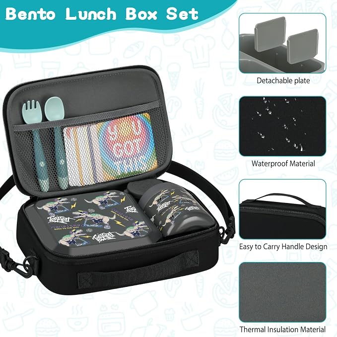 wiwens Bento Lunch Box for Kids with 12oz Soup Thermo Leak-Proof Lunch Food Container with 5 Compartment Thermo Hot Food Jar and Insulated Lunch Bag for Kid Toddler Girls Boys to School