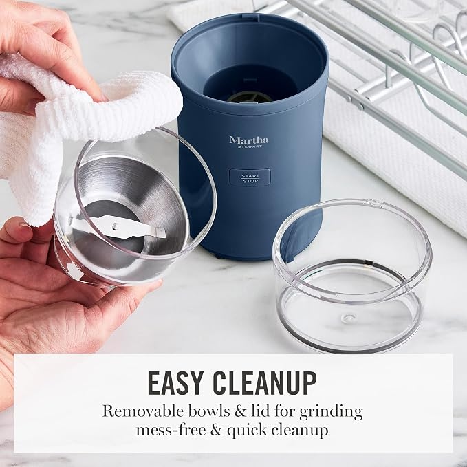 Martha Stewart Electric Coffee & Spice Grinder with Dual Bowls, Indigo Blue | Dual 2.5oz Removable Bowls for Coffee Beans, Nuts, Herbs & Spices, Stainless Steel Blade, One-Touch Pulse Control, Easy Clean