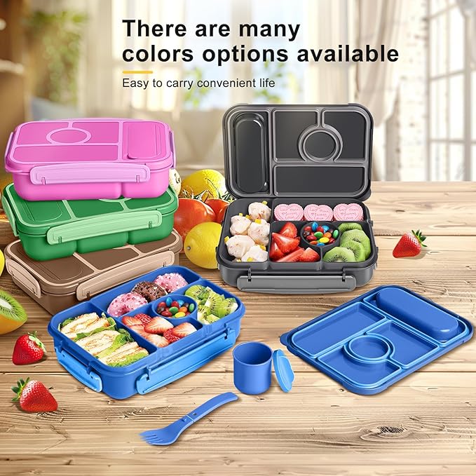 Amathley Bento Box Adult Lunch Box Kids,Lunch Containers for Adults/Kids/Toddler,5 Compartments Bento Lunch Box with Sauce Vontainers,Microwave & Dishwasher & Freezer Safe,BPA-Free (Navy)