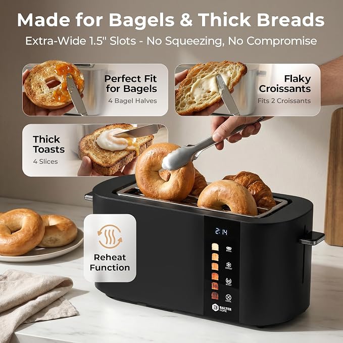 Balter Toaster 4 Slice Wide Slot, Bagel Function, Long Slot, Stainless Steel, Touch Screen, Built-in Rack, Extra-Wide 1.5" Slots for Thick Breads & Bagel, Timer, BPA-Free, Removable Tray, Black