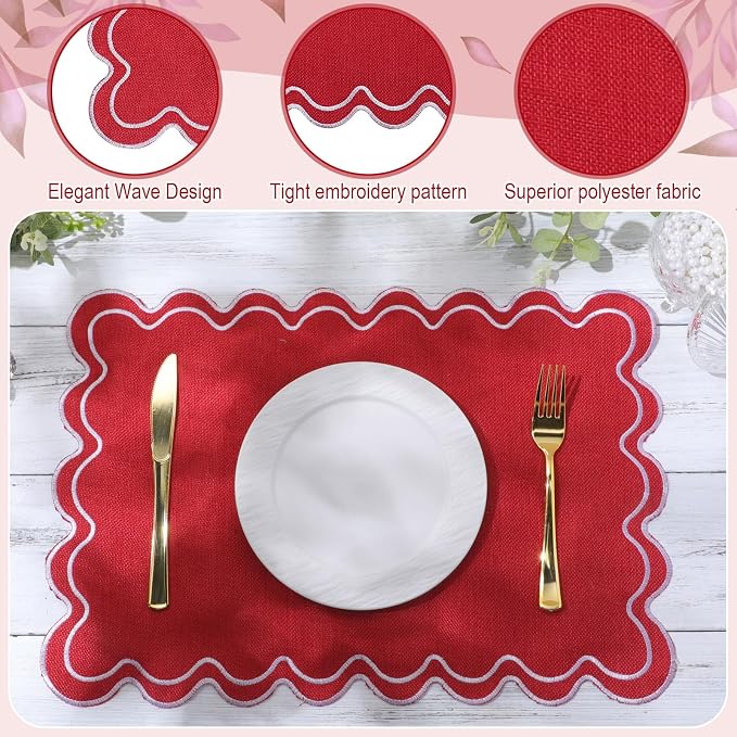 HunnmingRe Red with White Set of 6 Cotton Linen Wedding Placemats, 13x19 Inch Scalloped Wavy Embroidery Placemat Double Layered Washable Rustic Rectangle Dinner Table Mat for Home Decor