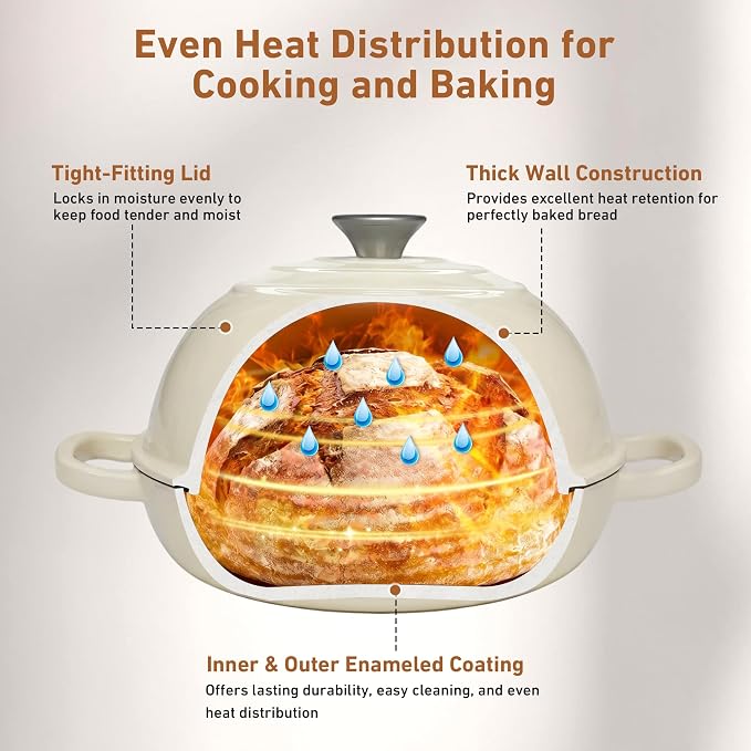 Cast Iron Dutch Oven with Lid, 6 Quart Enameled Bread Oven for Sourdough Baking, Round Heavy Duty Cast Iron Pot with Dome Lid, Cream White