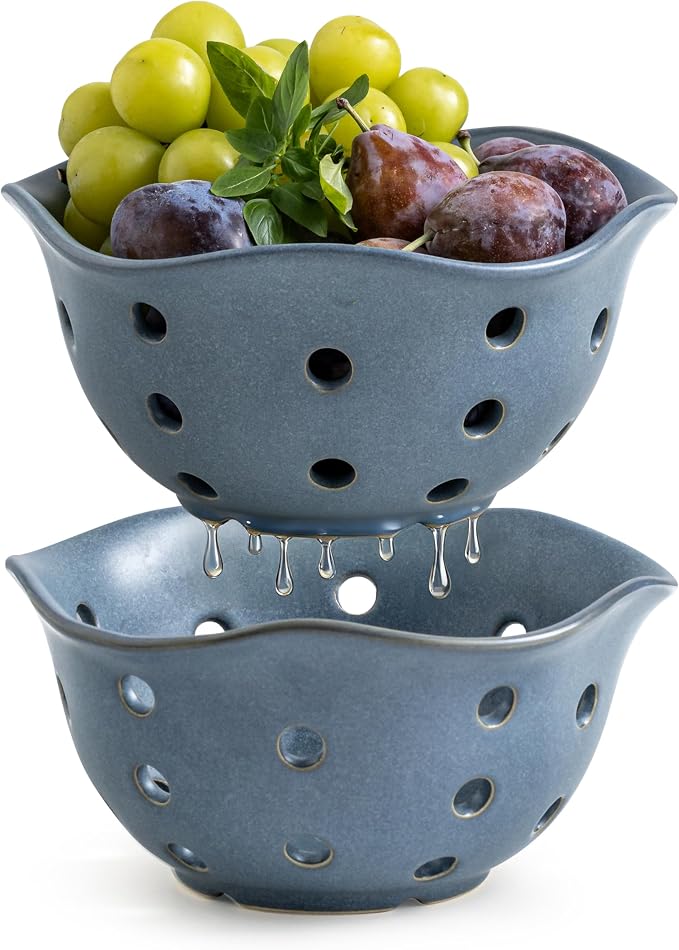 Gomakren Fruit Basket Set of 2, Ceramic Fruit Bowl Berry Basket with Holes, 7.6 Inch Fruit Containers Colander for Fridge - Farmhouse Kitchen Decor, Slate Blue