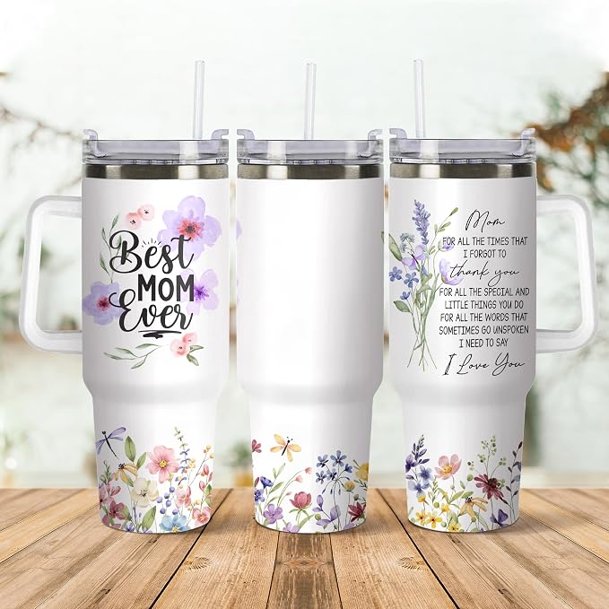 Gossby Best Mom Ever Tumbler, 30oz Stainless Steel with Handle and Straw | Birthday Gifts for Mom, Floral Watercolor Design, Mom Cup with Straw, Insulated Travel Mug for Women, Gift for Mama