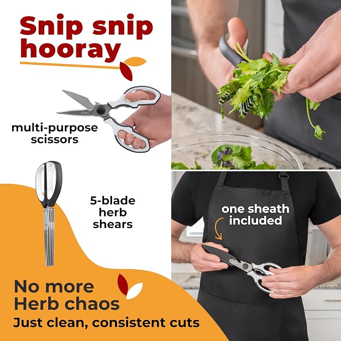 5 Blade Herb Scissors Set with Kitchen Shears - Lifetime Replace. Warranty* | Gidli Heavy Duty Sharp Kitchen Shears - Stainless Steel Vegetable Scissors for Herbs and Salad Prep - Dishwasher Safe, 2 Pack