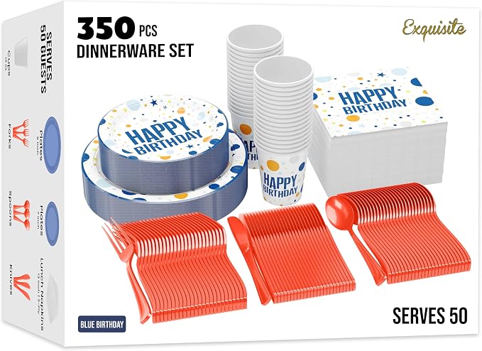 Exquisite 350 Pcs Blue Happy Birthday Plates and Napkins Set, Blue Birthday Plates Set, 50 Of Each 9" Dinner Plate, 7" Dessert Plate, 12 oz Cups, Napkins & Cutlery Plastic Dinnerware Set Set