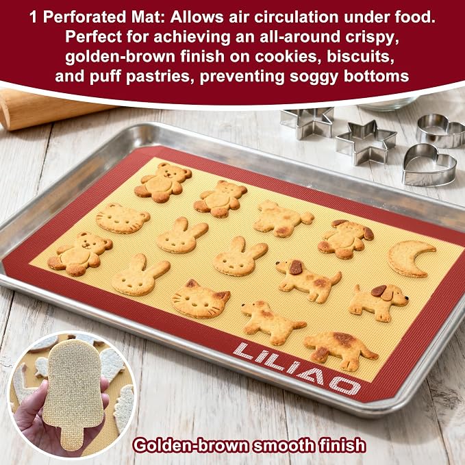 LILIAO Silicone Baking Mat, 3-Pack Non-Stick Reusable Baking Mat, Oven Baking Sheet for Making Cookies, Macaroons, Bread and Pastry (Red)