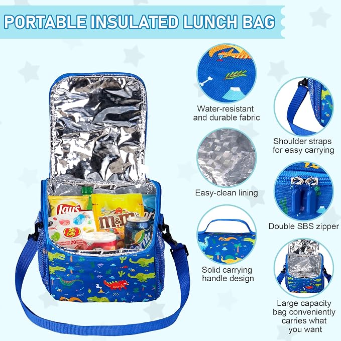 Bento Lunch Box for Kids with 17oz Soup Thermo,Insulated Tumbler Water Bottle and Insulated Lunch Bag,Leak-Proof 3 Compartment Lunch Food Container with Ice Pack for Kids to School-Dinosaur