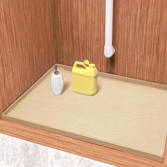 URMONA Waterproof Silicone Under Sink Mat 31'' x 22'' Shelf Liner for Kitchen and Bathroom, Cabinet and Counter Protector, Storage and Organizers, Litter Mat, Pet Cat Puppy Essentials(Khaki)
