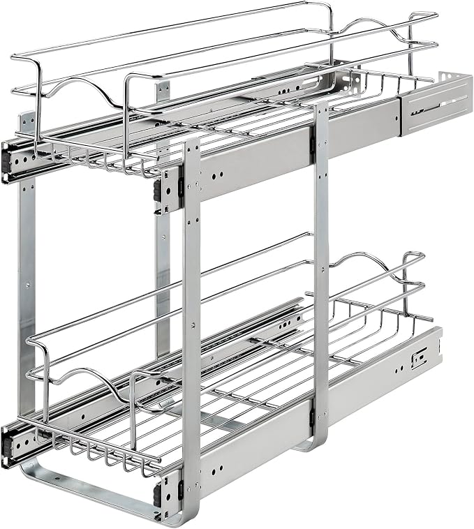 Rev-A-Shelf 2-Tier Pullout Shelf and Drawer Organizer for Kitchen Cabinets, Slide Out Storage Basket, Min Opening Width of 8.5", 9" x 22", 5WB2-0922CR-1