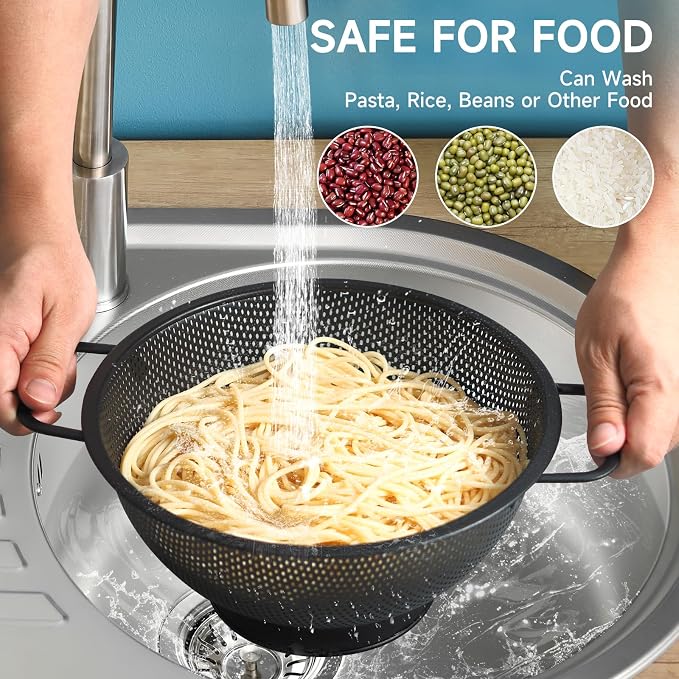 Black Colander for Kitchen, 3QT, Stainless Steel Pasta Strainer with Handle, Pasta Strainer for Fruits Vegetables Cooking Food, Dishwasher Safe