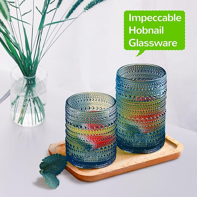 Vintage Hobnail Drinking Glasses Set of 12-14 oz Old Fashioned Glass Cups & 11 oz Cocktail Glasses, Aesthetic Kitchen Bar Tumbler Glassware Gifts Sets, Blue (12Pcs Blue XL)