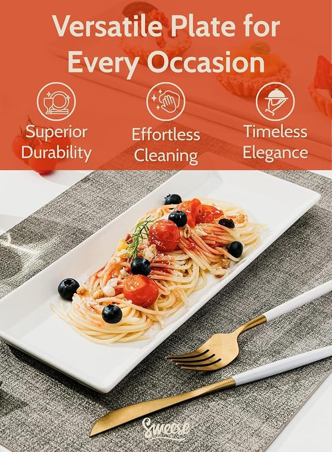 Sweese Porcelain Serving Platters 11.7 Inch - Elegant White Rectangular Plates, Set of 4 for Parties, Sushi, Appetizers