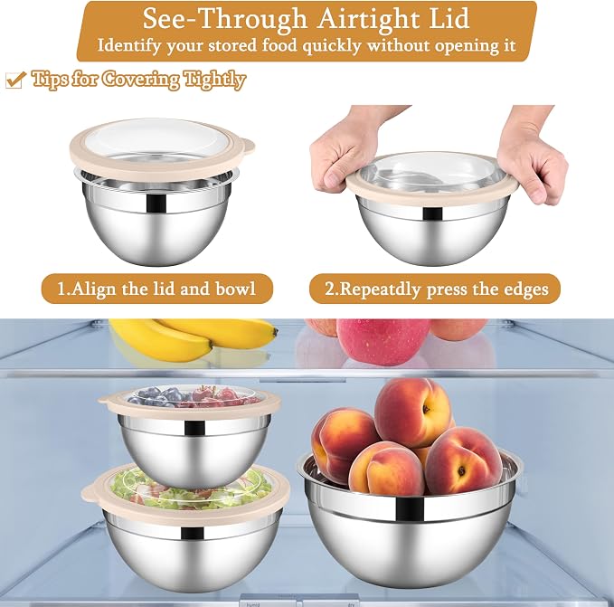 LIANYU Mixing Bowls with Visible Lids, 3Pcs Stainless Steel Kitchen Bowl | Large Metal Nesting Bowls Set, 4.6 & 3 & 1.5QT Size, with Airtight Lids, Ideal for Baking, Serving, Dishwasher Safe, Khaki