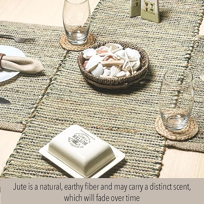 Chardin Natural Jute Table Runner, 13x36 Inch | Home, Vintage Boho Rustic Decor, Handwoven, Green, Farmhouse Dining or Console Table Accent