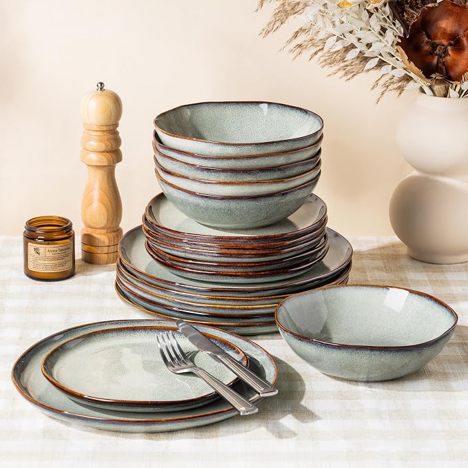 GBHOME Stoneware Dinnerware Sets for 6,18 Piece Rustic Plates and Bowls Set | Earthenware Handmade Reactive Glaze Plate Sets, Chip Resistant Ceramic Dishes, Microwave & Dishwasher Safe, Earthy Sage