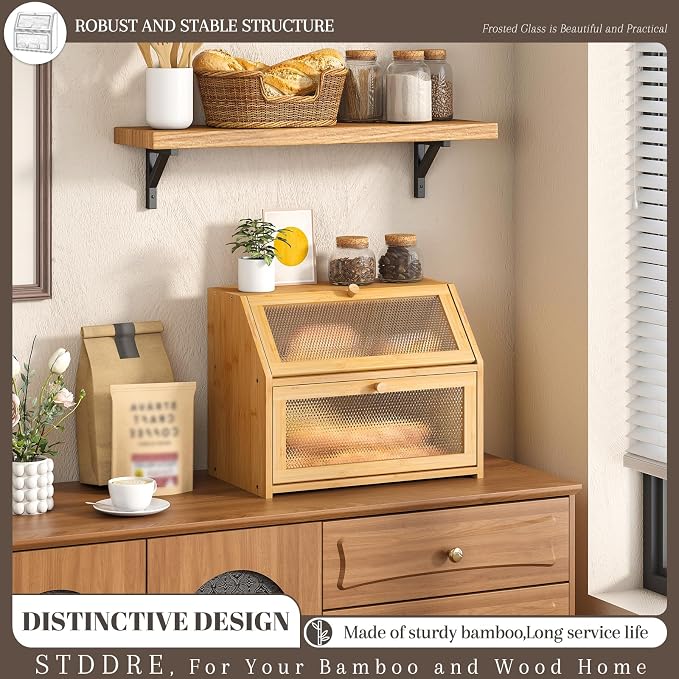 STDDRE Bread Box for Kitchen Countertop Bin Double Layer Bread Box Storage Container Extra Large Capacity Farmhouse with Diamond Pattern Windows (Natural, Large)