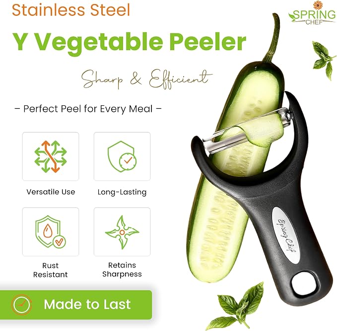 Spring Chef Stainless Steel Y Shaped Vegetable Peeler for Kitchen - Black | Heavy Duty Potato Peeler with Ultra Sharp Blades & Soft Grip Handle for Apple, Carrot, Cucumber, Veggie, Fruit, Citrus