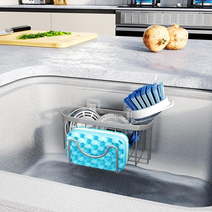 HapiRm Sponge Holder for Kitchen Sink - Sink Caddy with Unique M-Shaped, 2 Installation Methods Kitchen Organizer, Rustproof Stainless Steel Sponge Caddy - Grey