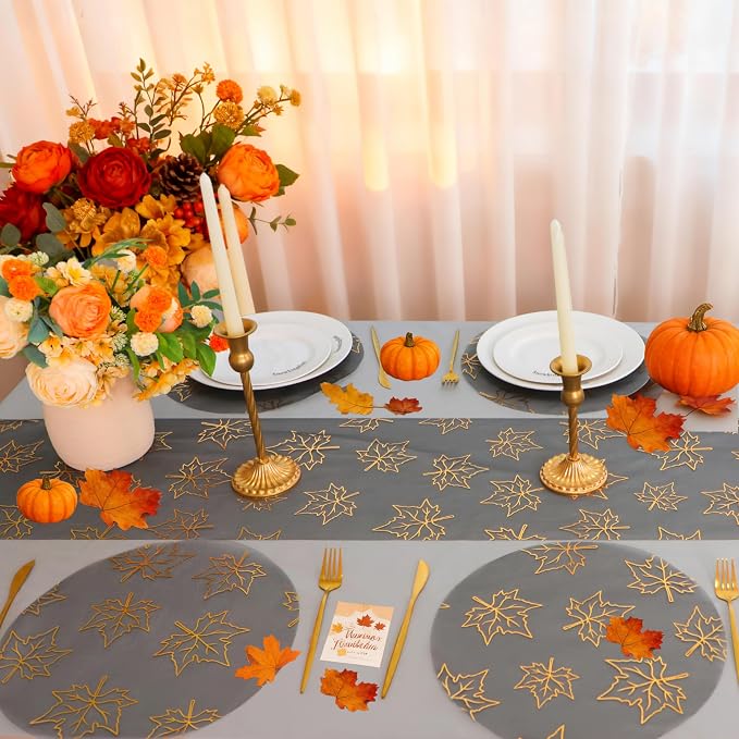 Snowkingdom 24 Pcs Fall Placemats, Black Gold Metallic Maple Leaves Thanksgiving Decoration, 13 inch Round Disposable Placemats, Golden Charger Kitchen Dining Table Mats for Autumn Harvest Party Decor
