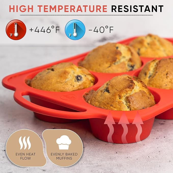Silicone Jumbo Muffin Pan, 6 Cup Nonstick Cupcake Pan, BPA-Free | Metal Reinforced Silicone Jumbo Muffin Pans for Baking, Nonstick Silicone Cupcake Pan, Easy Release, Dishwasher Safe