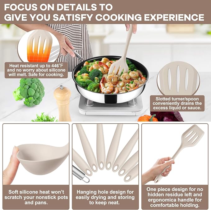 TeamFar Silicone Cooking Utensils Set, 8 PCS Kitchen Utensils Set, Khaki | 446°F Heat Resistant Turner, Spatula, Spoon, Whisk, Kitchen Cooking Gadgets Tools, for Nonstick Cookware, Dishwasher Safe