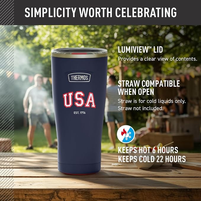 THERMOS Icon Series 24oz Stainless Steel Tumbler with Slide Lock Lid, Leakproof, Fits Cupholder, Dishwasher Safe, Griptec™ Non‑Slip Base, Keeps Drinks Hot 6 Hrs/Cold 22 Hrs, Navy USA
