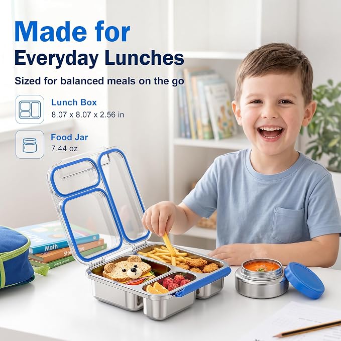 Pawtong Stainless Steel Bento Box Kids Adult with 7oz Insulated Food Jar, Transparent Lid Metal Lunch Box With Soup Thermal Jar, Lunch Box Container with Removable Divider & Sauce Cup School (Blue)