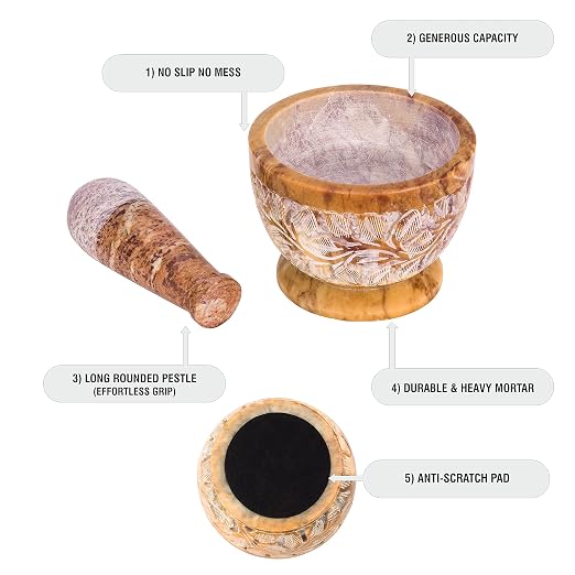 Mortar and Pestle, Made of Heavy Duty Polished Hard Stone, Natural Stone Grinder for Spices, Pastes, Herbs, Seasoning etc. (Mix Color with Engraving)