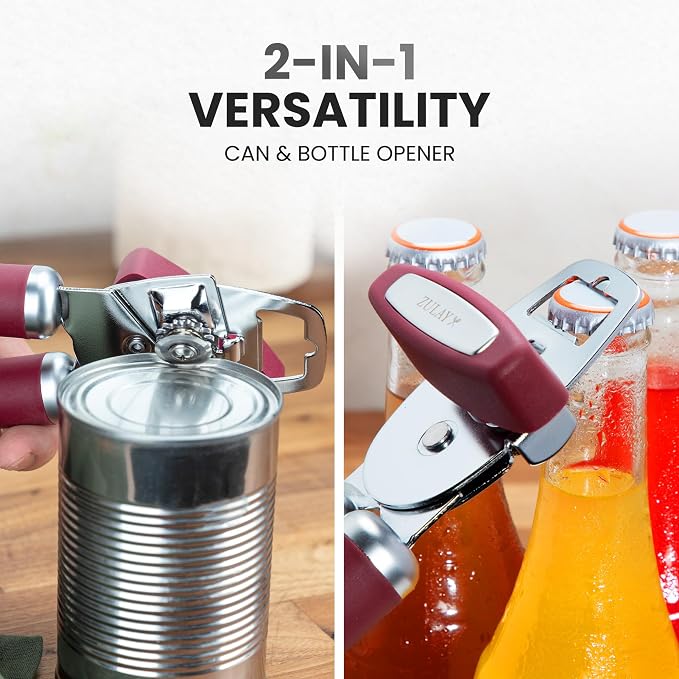 Zulay Kitchen Heavy Duty Stainless Steel Can Opener Manual with Bottle Opener - Rust Proof Manual Can Opener With Turn Knob & Comfy Soft Grip Handles - Deep Red