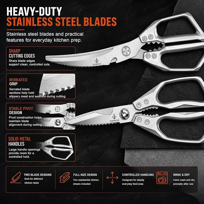 Heavy Duty Kitchen Shears 2 Pack, Full-Size Stainless Kitchen Scissors | Two Purpose-Built Designs for Poultry Joints, Meat, Seafood and Herbs