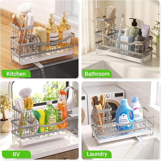 Sink Caddy, Sponge Holder for Kitchen Sink, Gray | Self-draining Sink Organizer with Removable Brush Holder, Metal Sponge Rack for Countertop, Fits Soap Dispenser & Scrubber
