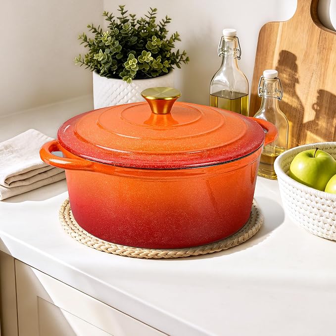 5 QT Enameled Cast Iron Dutch Oven Pot with Lid & Gold Powder | Dutch Oven for Sourdough Bread Baking, Braising, Stews, Roasting, Oven Safe up to 500° F, Orange Kitchen Cookware with Handls