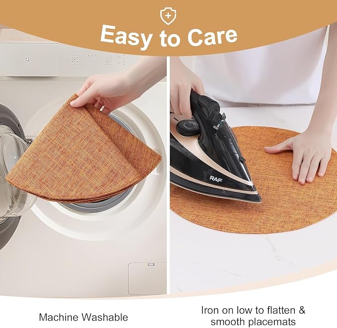 Cotton Linen 15 Inch Round Cloth Place mats, Set of 4, Orange | Washable Table Mats, Heat Resistant, Reversible, Wipeable Place Mats for Indoor Outdoor