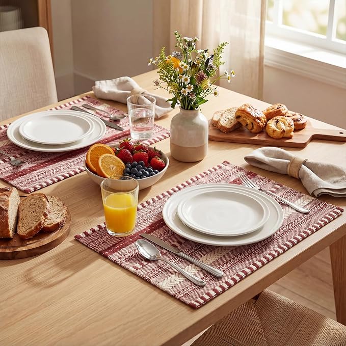 Artoid Mode Red Farmhouse Woven Braided Stripe Placemats Set of 6,12x18 Inch Seasonal Holiday Table Mats Party Kitchen Dining Decoration