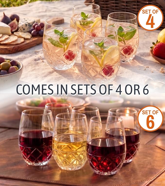 Unbreakable Plastic Stemless Wine Glass - 16 oz Set of 6 | Tritan Plastic, Shatterproof & Reusable Drinkware Perfect for Outdoor, Pool, Camping & Everyday Use