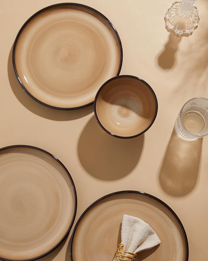 Santorini Mist Terracotta Reactive Glaze Plates and Bowls Sets, Stoneware Dinnerware Sets, Microwave and Dishwasher Safe Ceramic Dish Set Service for 4, Mocha Brown