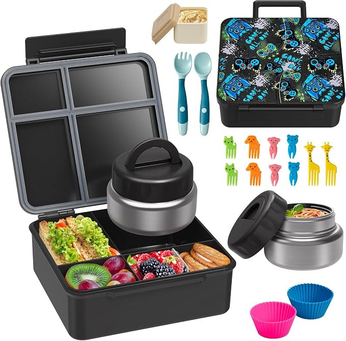 Bento Lunch Box with 9.5 oz Soup Thermo, Kids Leakproof 4 Compartments Bento Box with Silicone Cupcake,Fruit Fork,Spoon and Sauce Cup,Insulated Food Jar for School Travel-Game